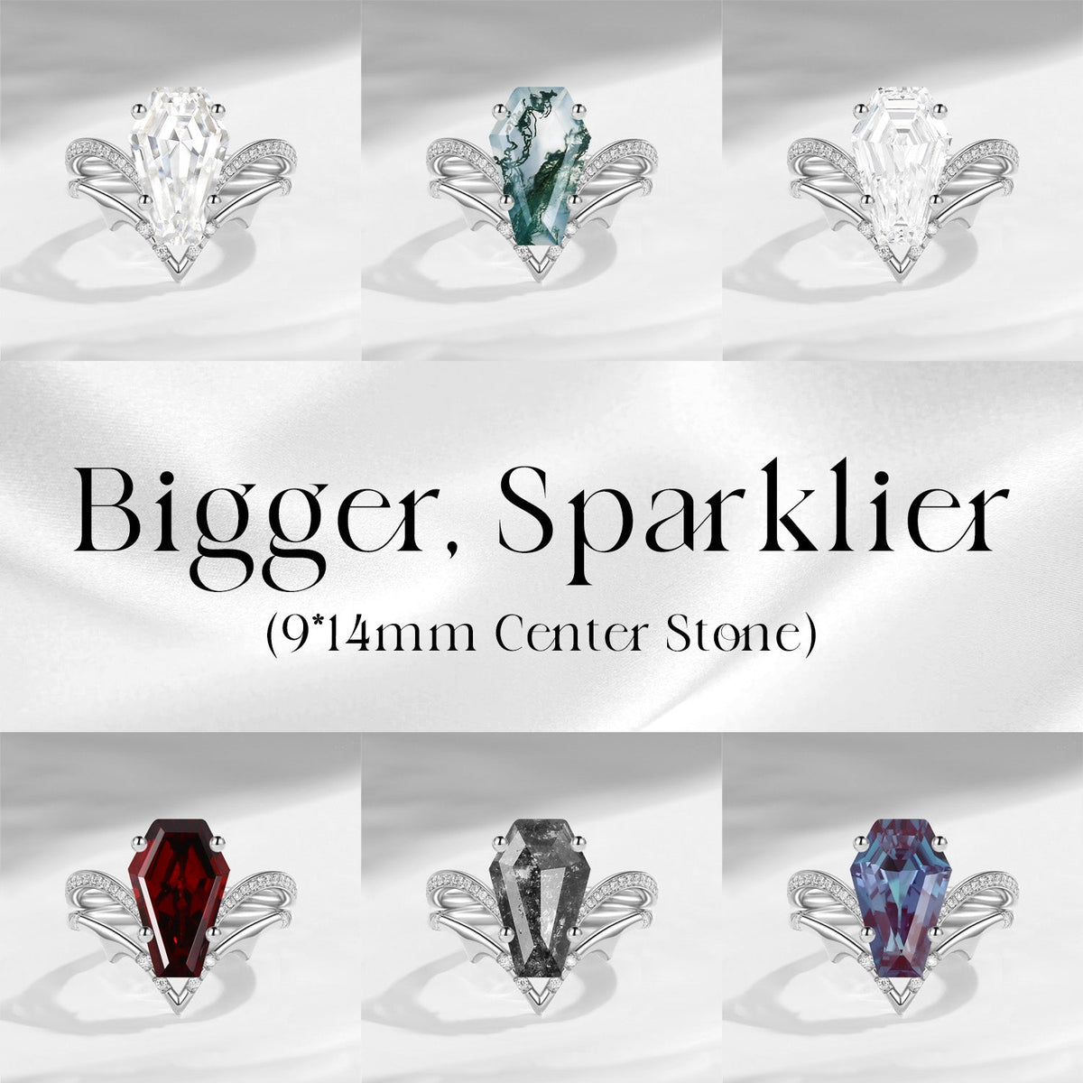 Coffin Cut Lab Pink Diamond Spooky Engagement Ring Set 2pcs - Dainty Bat Ring