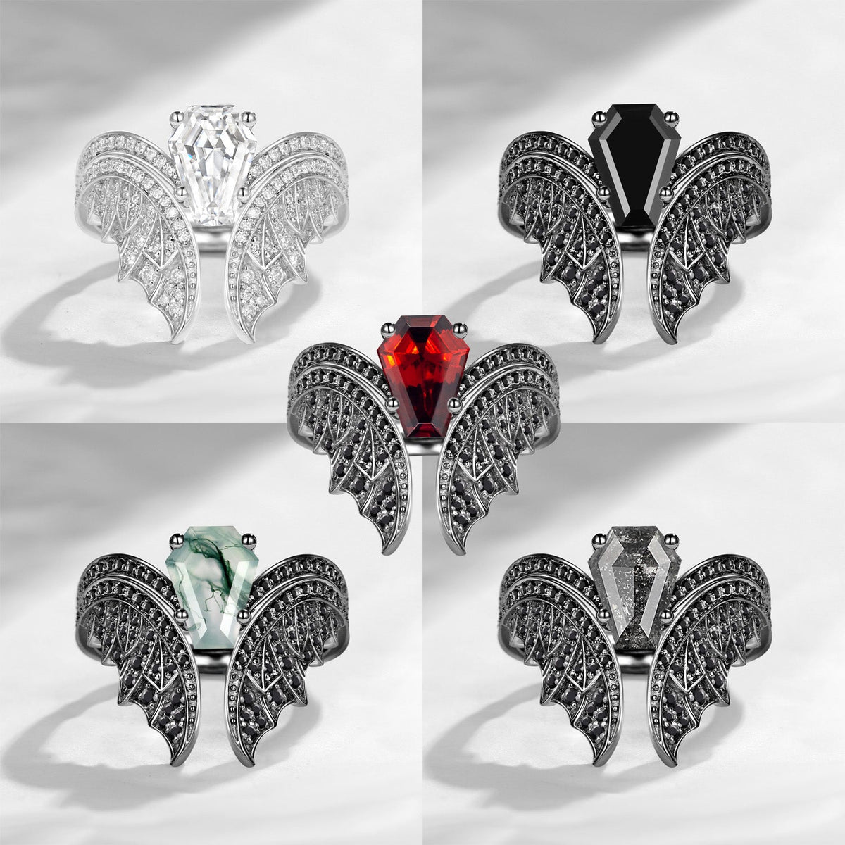 Gothic Bat Wing Inspired Coffin Cut Garnet Vintage White Gold Bridal Set 2pcs - Bat Ring