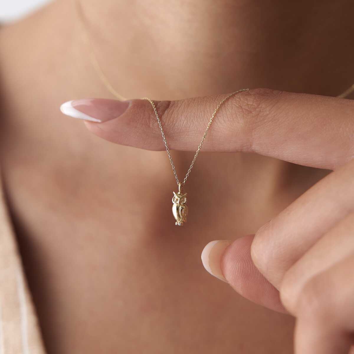 14k Solid Gold Owl Pendant Necklace