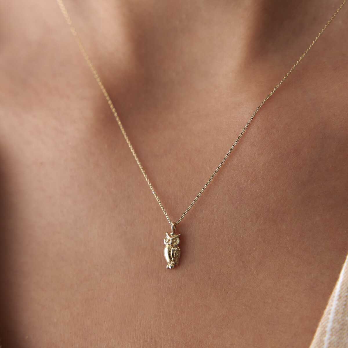 14k Solid Gold Owl Pendant Necklace