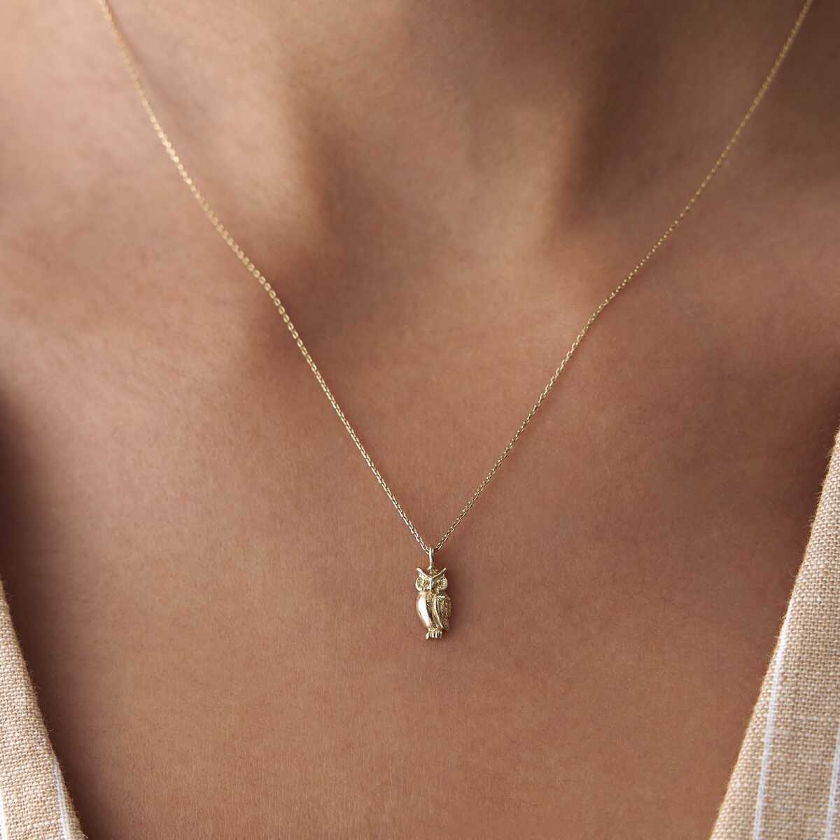 14k Solid Gold Owl Pendant Necklace