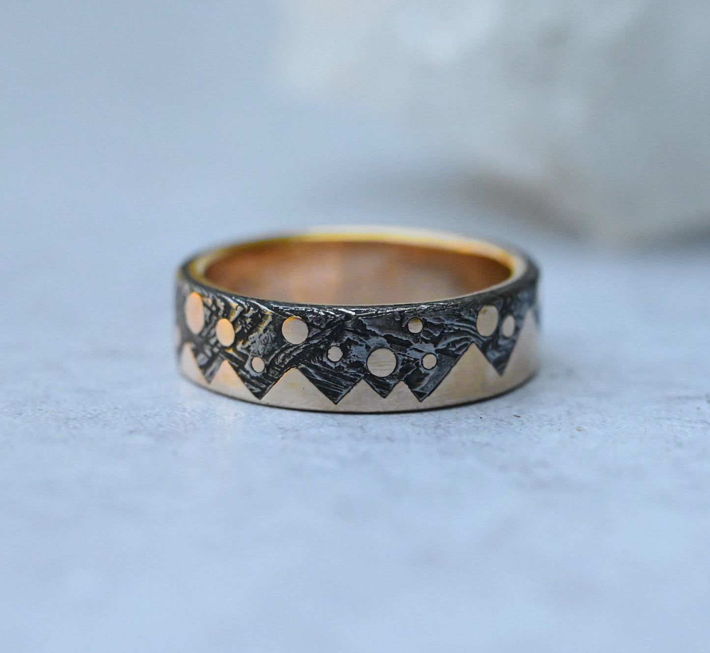 Meteorite & 14k Gold Zag Dot Ring - Made To Order