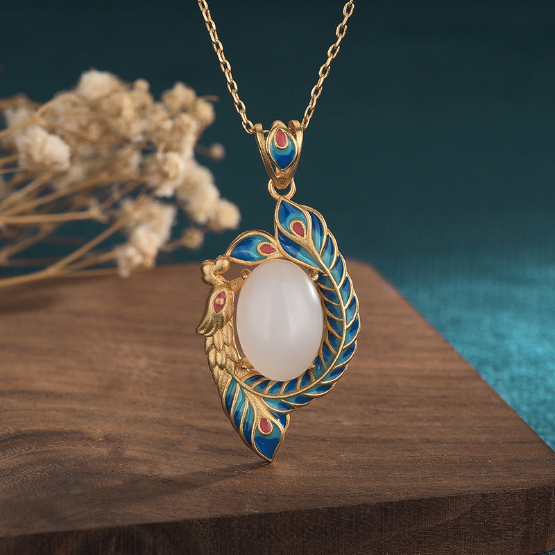 Fortune Jewel White Jade Peacock Copper Blessing Necklace Pendant