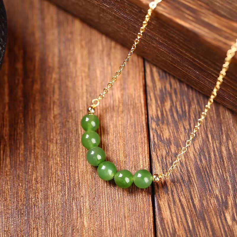 Fortune Jewel 14k Gold Plated Hetian Cyan Jade Beaded Luck Necklace Pendant