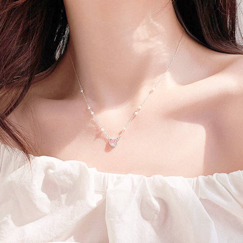 Dainty Pearl Heart Pendant Necklace in 925 Sterling Silver: Gold