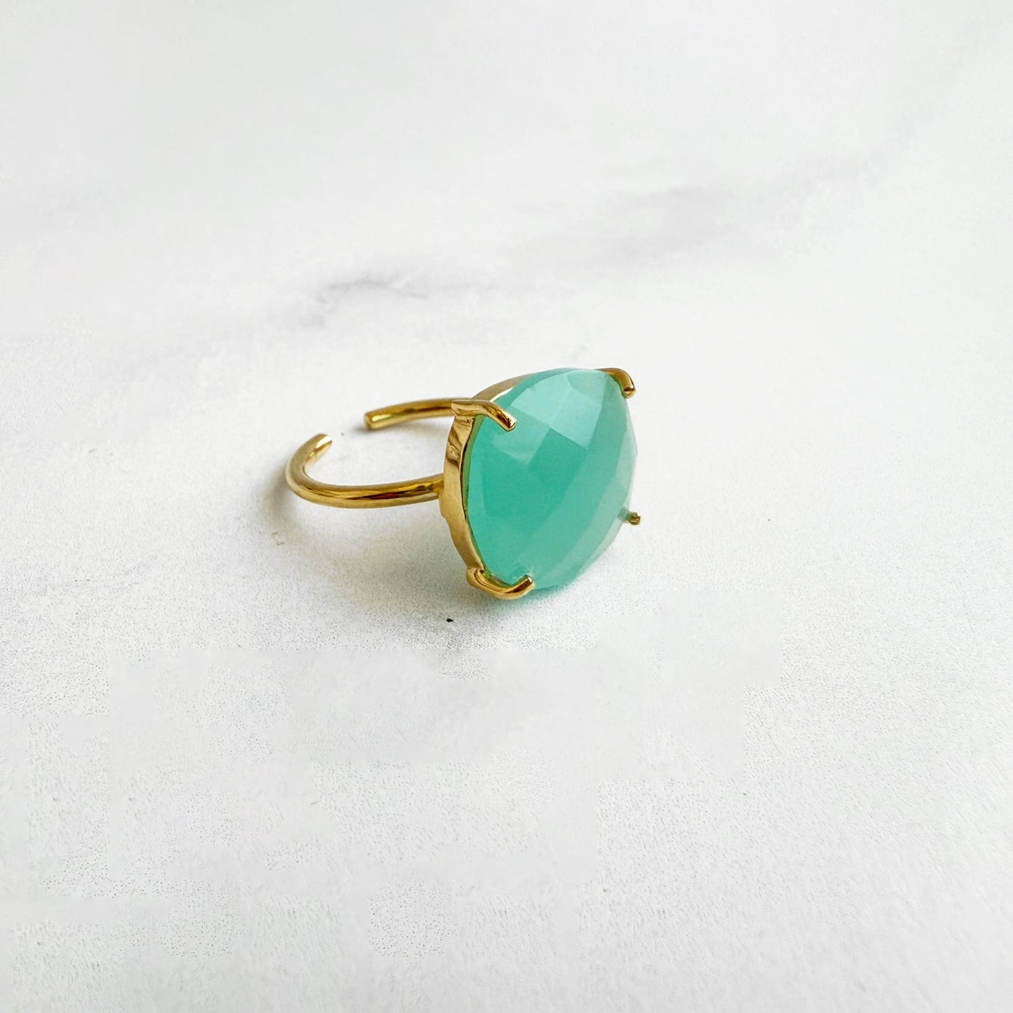 Large Aqua Chalcedony Gemstone Ring Prong Setting in Gold