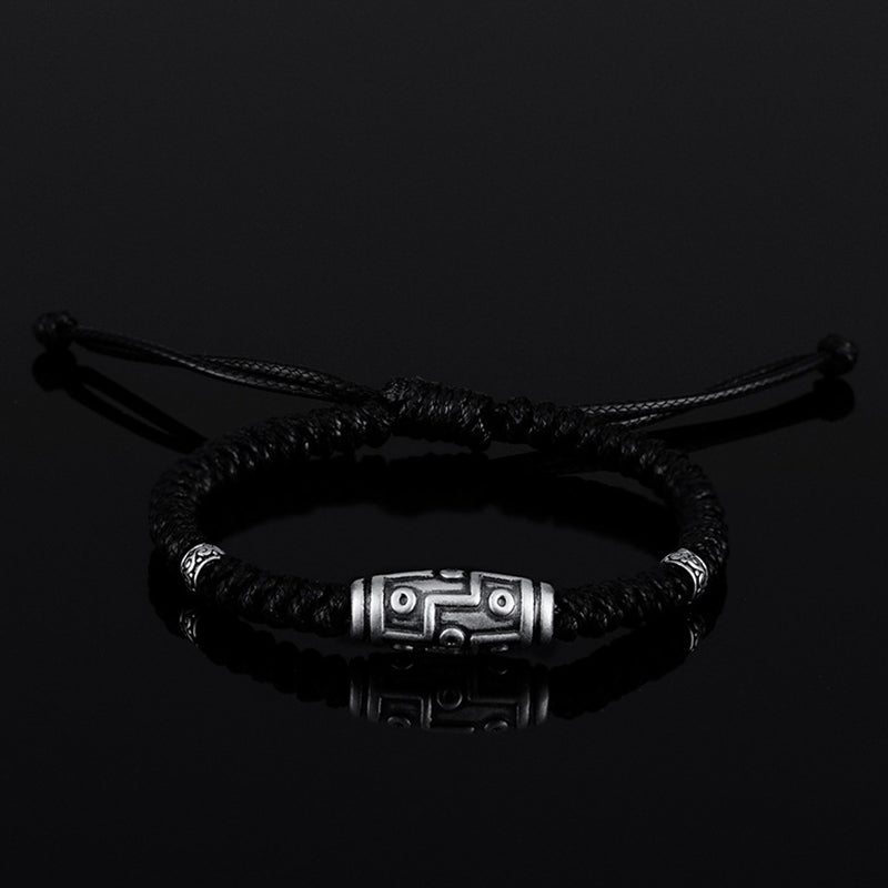 Fortune Jewel 999 Sterling Silver Nine-Eye Dzi Bead Pattern Blessing Rope Bracelet