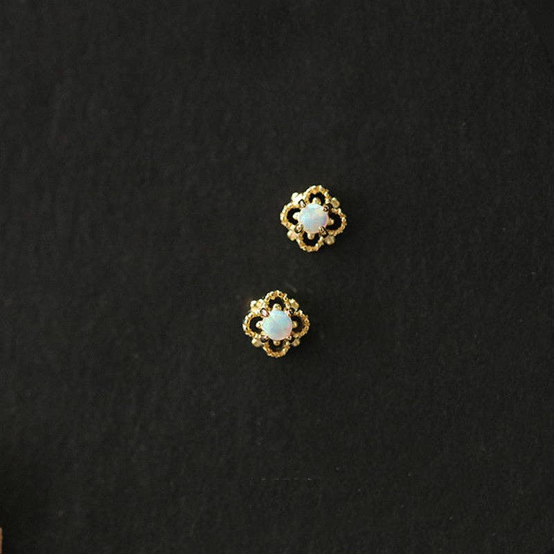 Dainty Opal Four Leaf Clover Earrings in 925 Sterling Silver: Gold