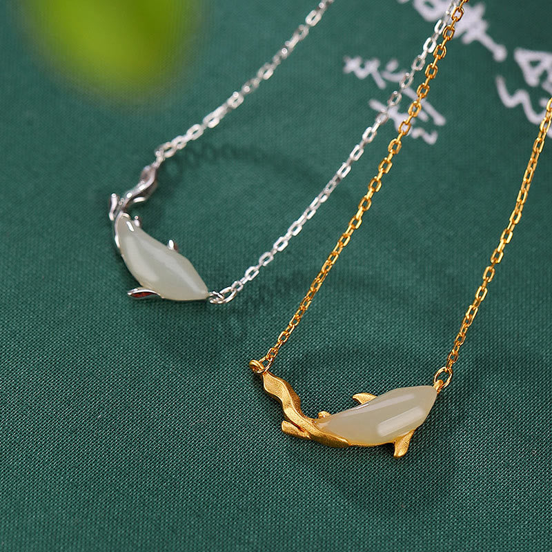 Fortune Jewel 925 Sterling Silver White Jade Dolphin Luck Necklace Pendant