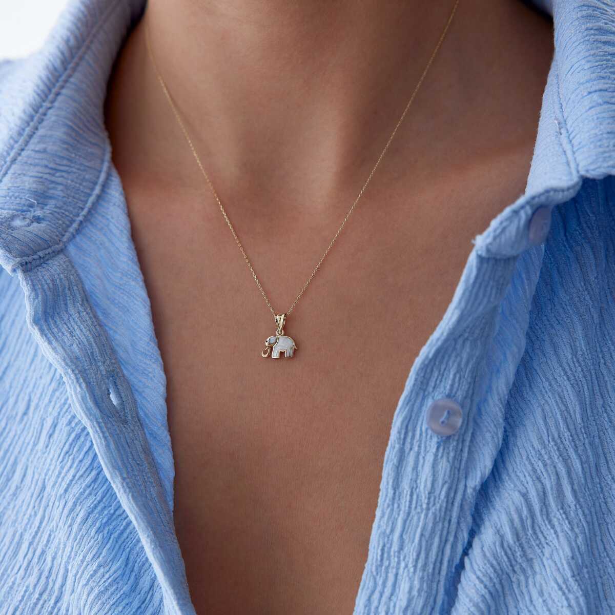 14k Gold White Enamel Elephant Necklace