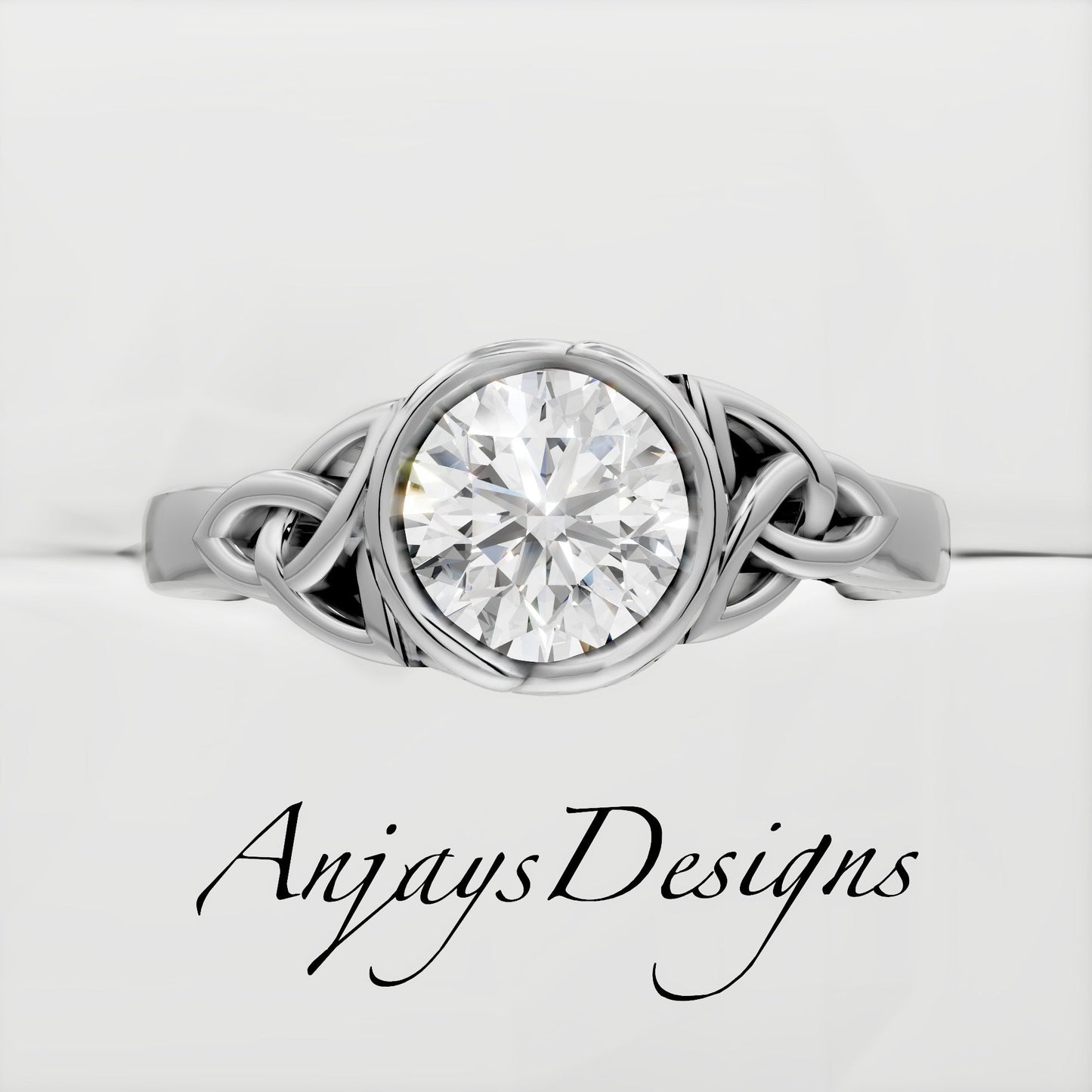 Celtic Trinity Knot Engagement Ring Bezel Set 1 Carat Diamond Engagement Ring Round Cut