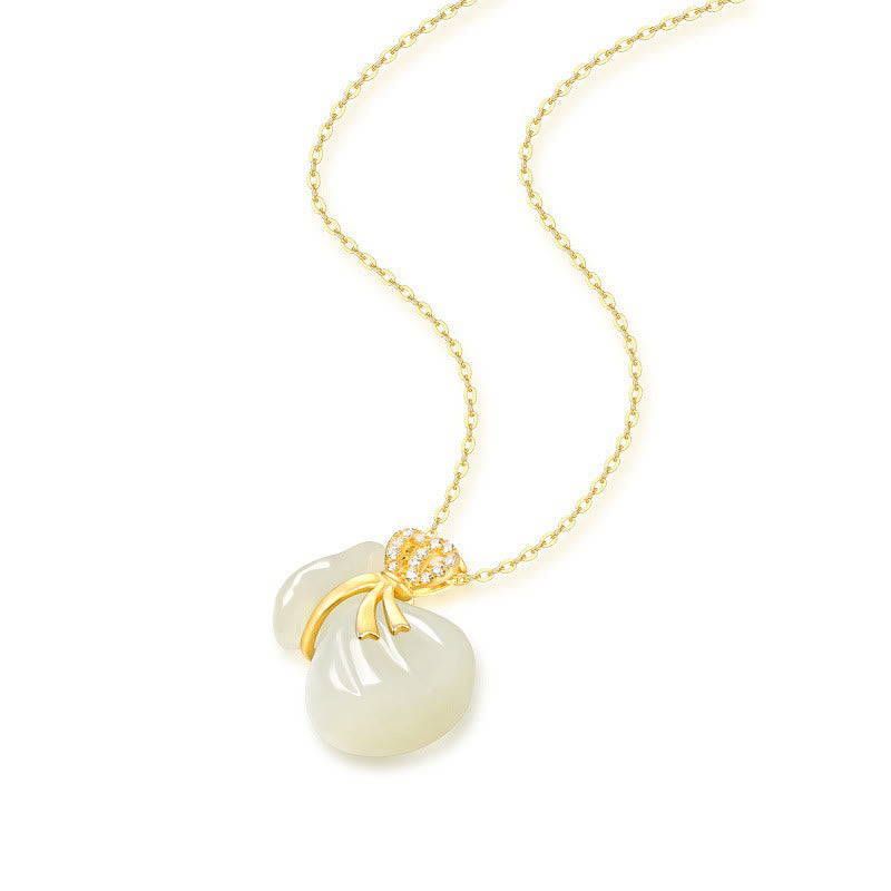 Fortune Jewel Natural Hetian White Jade Luck Money Bag Necklace Pendant
