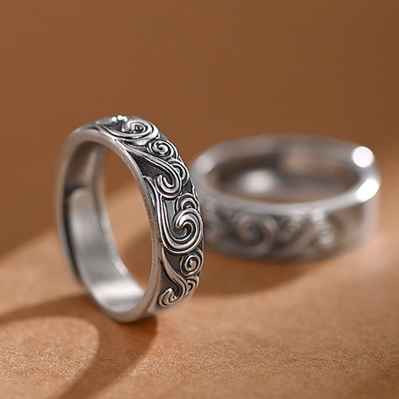 Fortune Jewel 999 Sterling Silver Auspicious Clouds Engraved Blessing Adjustable Ring