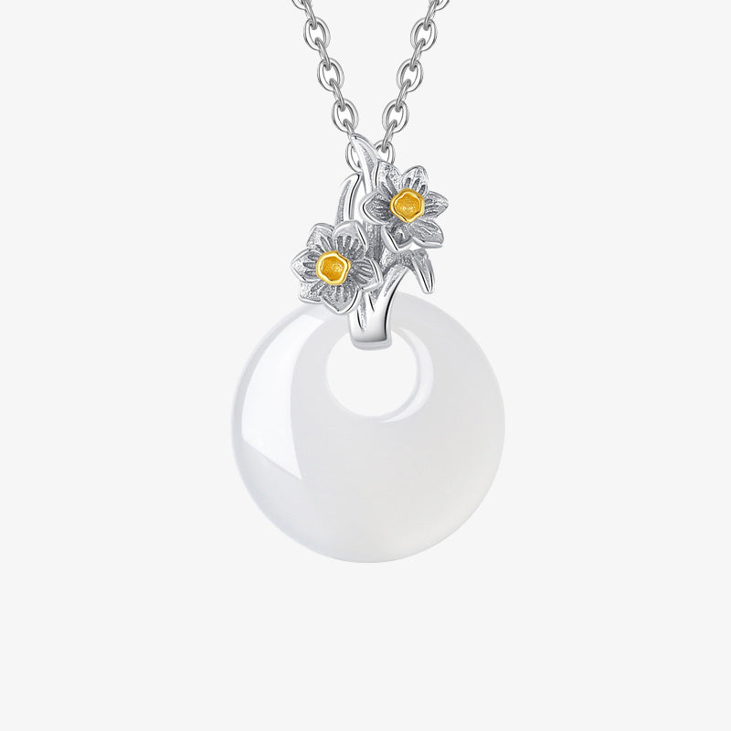Fortune Jewel 925 Sterling Silver Round Chalcedony Twelve Months Flower Harmony Necklace Pendant