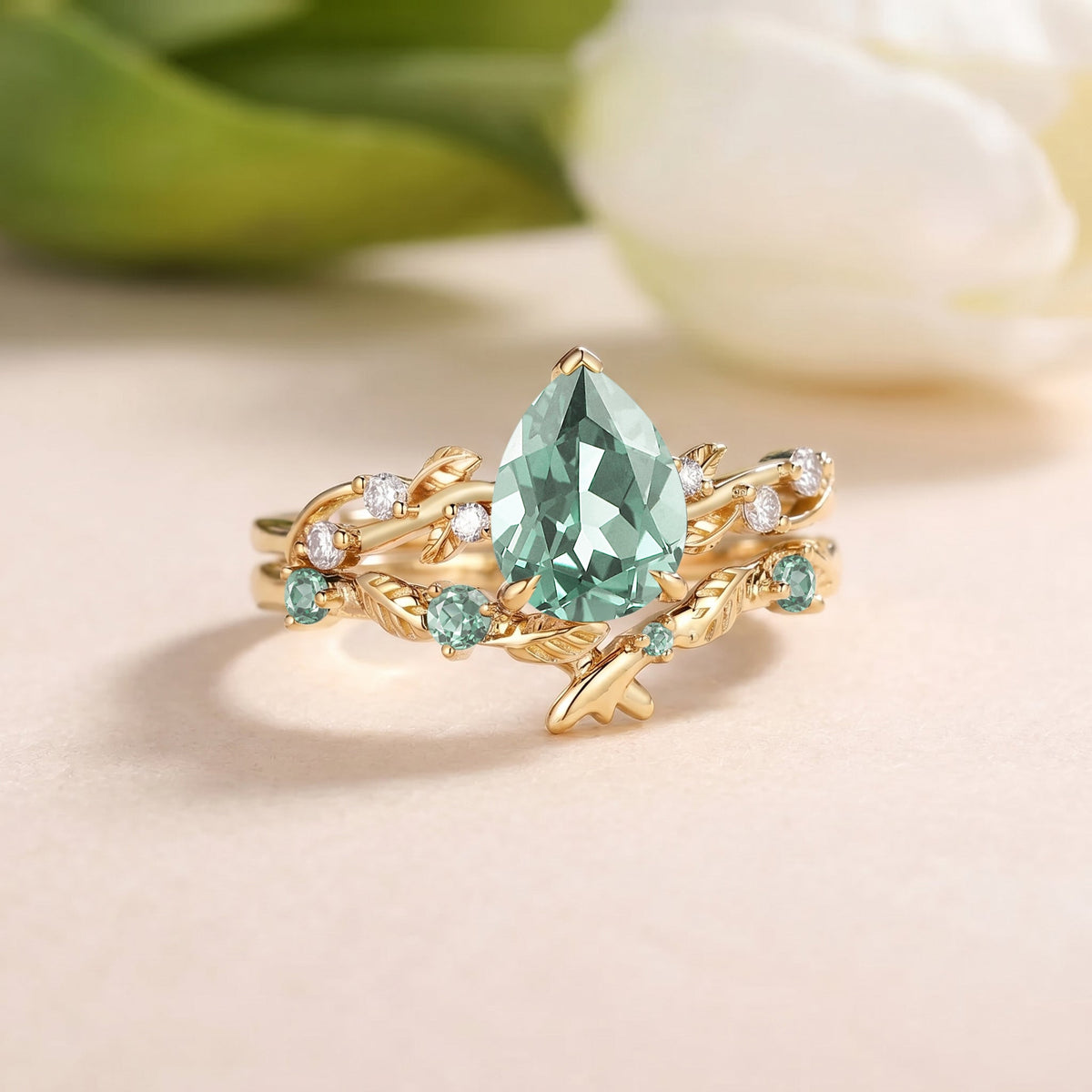 Pear Cut Lab Green Sapphire Leaf Vintage Engagement Ring Sets - Flora