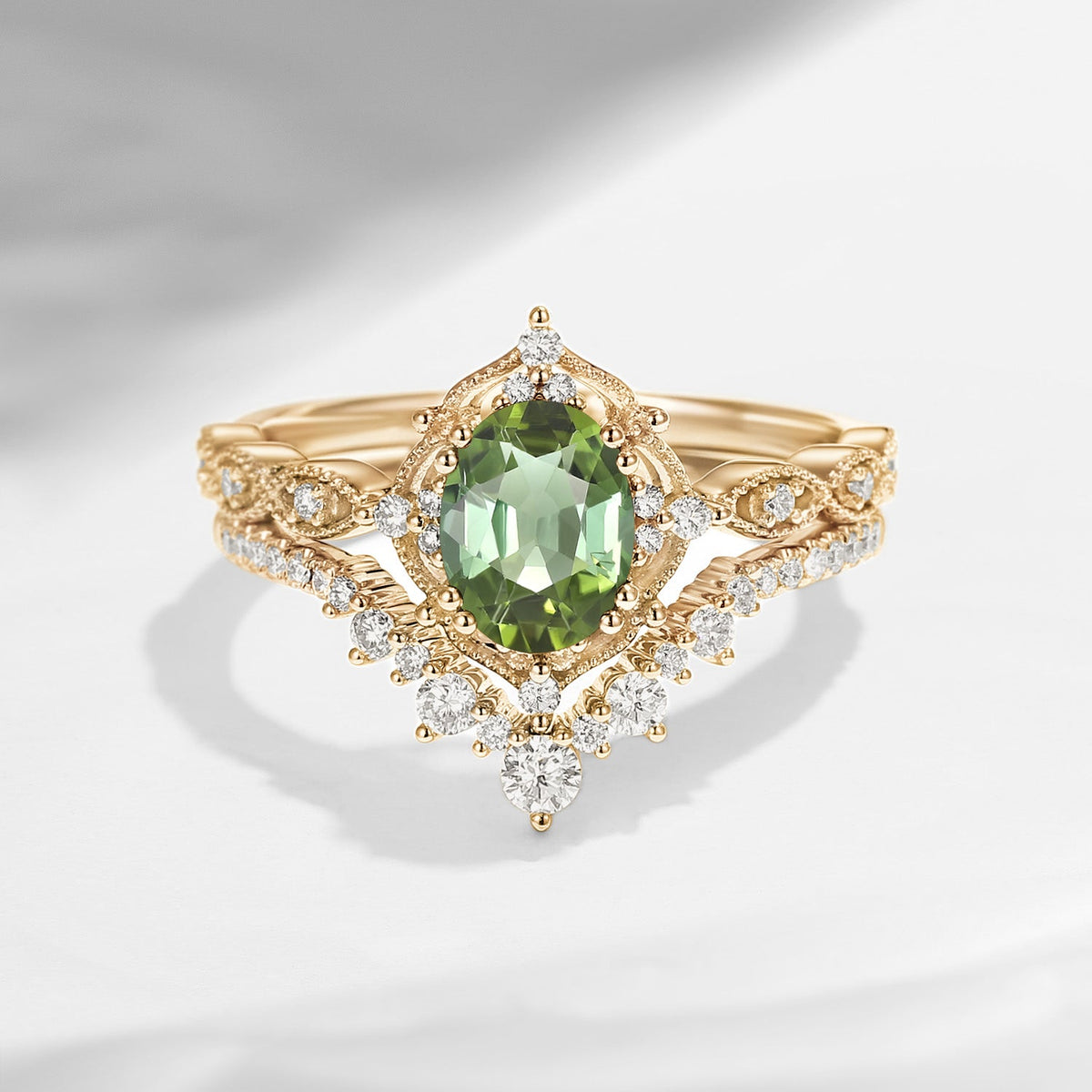Antique Oval Natural Green Tourmaline Verdelite Vintage Engagement Ring Bridal Set 2pcs