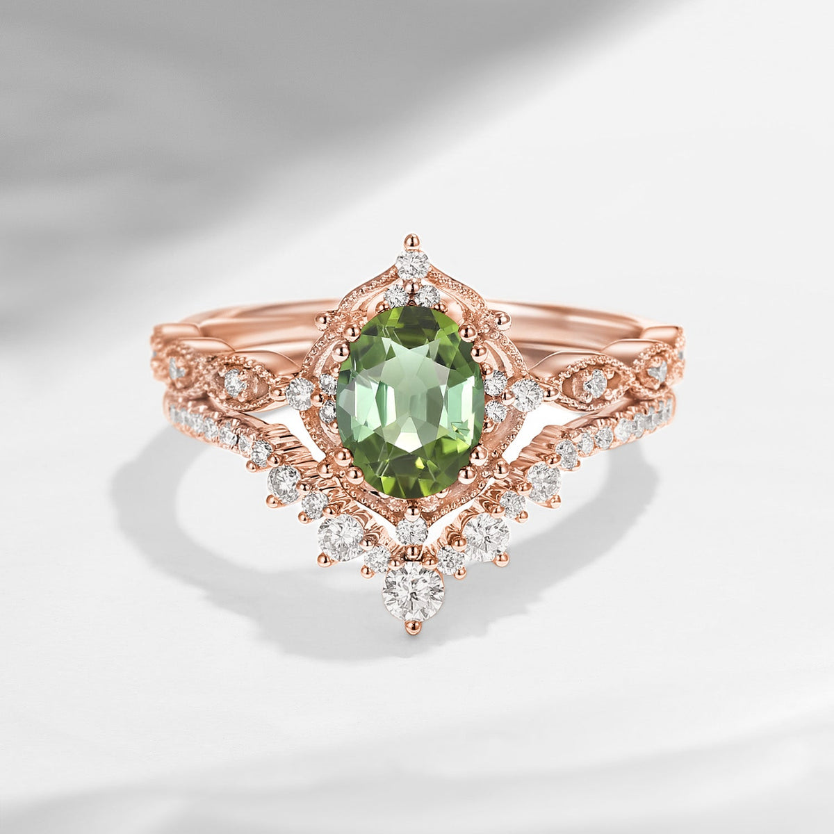 Antique Oval Natural Green Tourmaline Verdelite Vintage Engagement Ring Bridal Set 2pcs