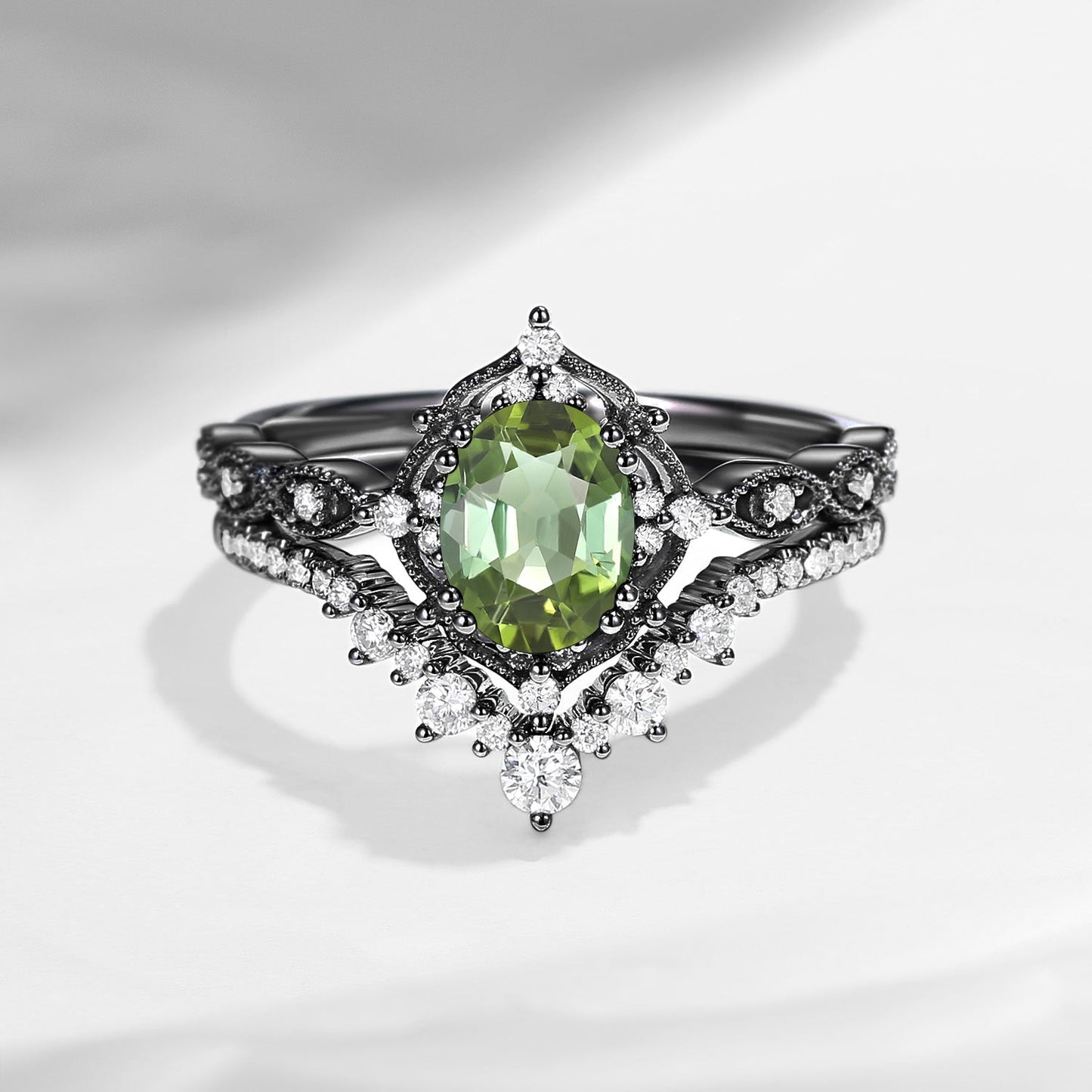 Antique Oval Natural Green Tourmaline Verdelite Vintage Engagement Ring Bridal Set 2pcs