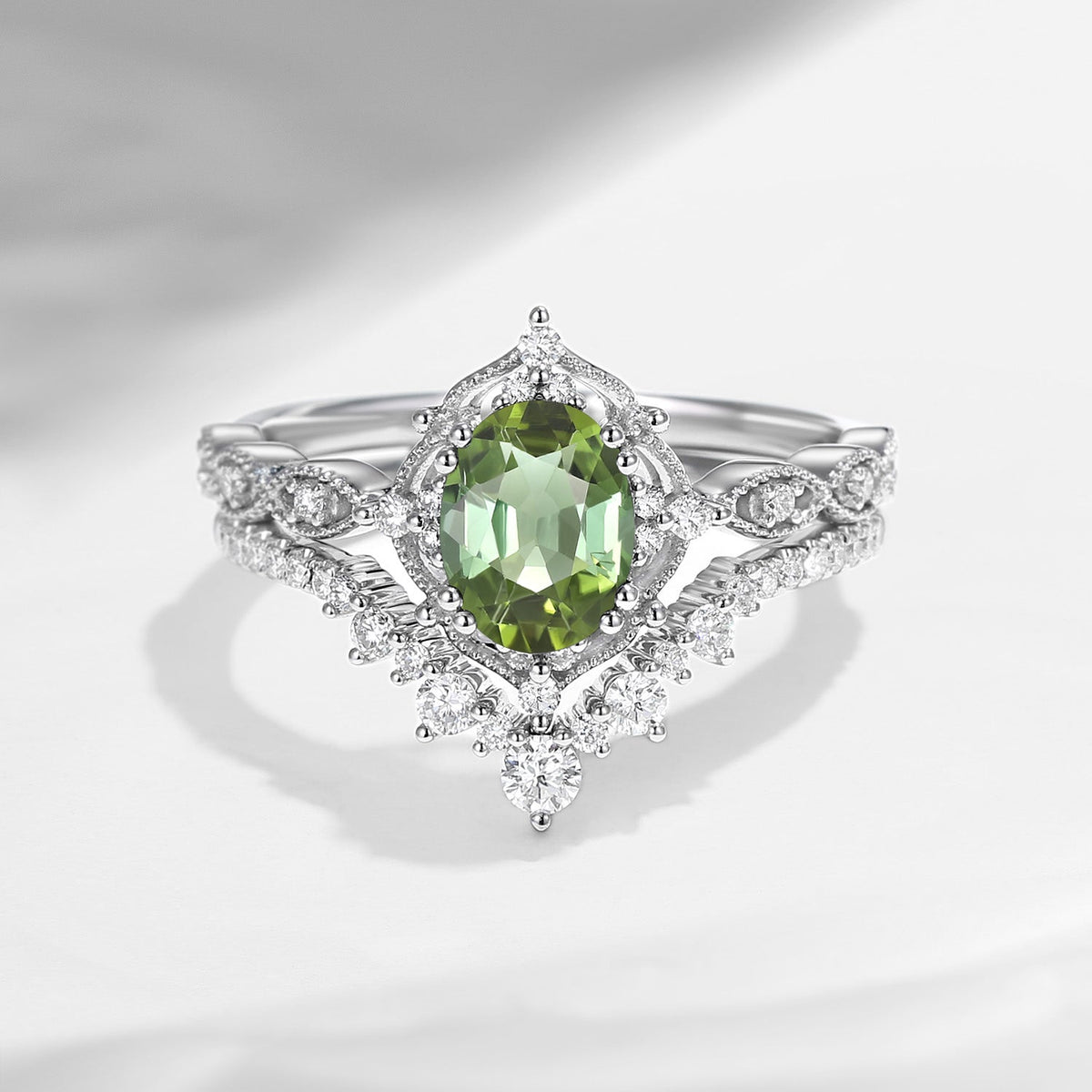 Antique Oval Natural Green Tourmaline Verdelite Vintage Engagement Ring Bridal Set 2pcs