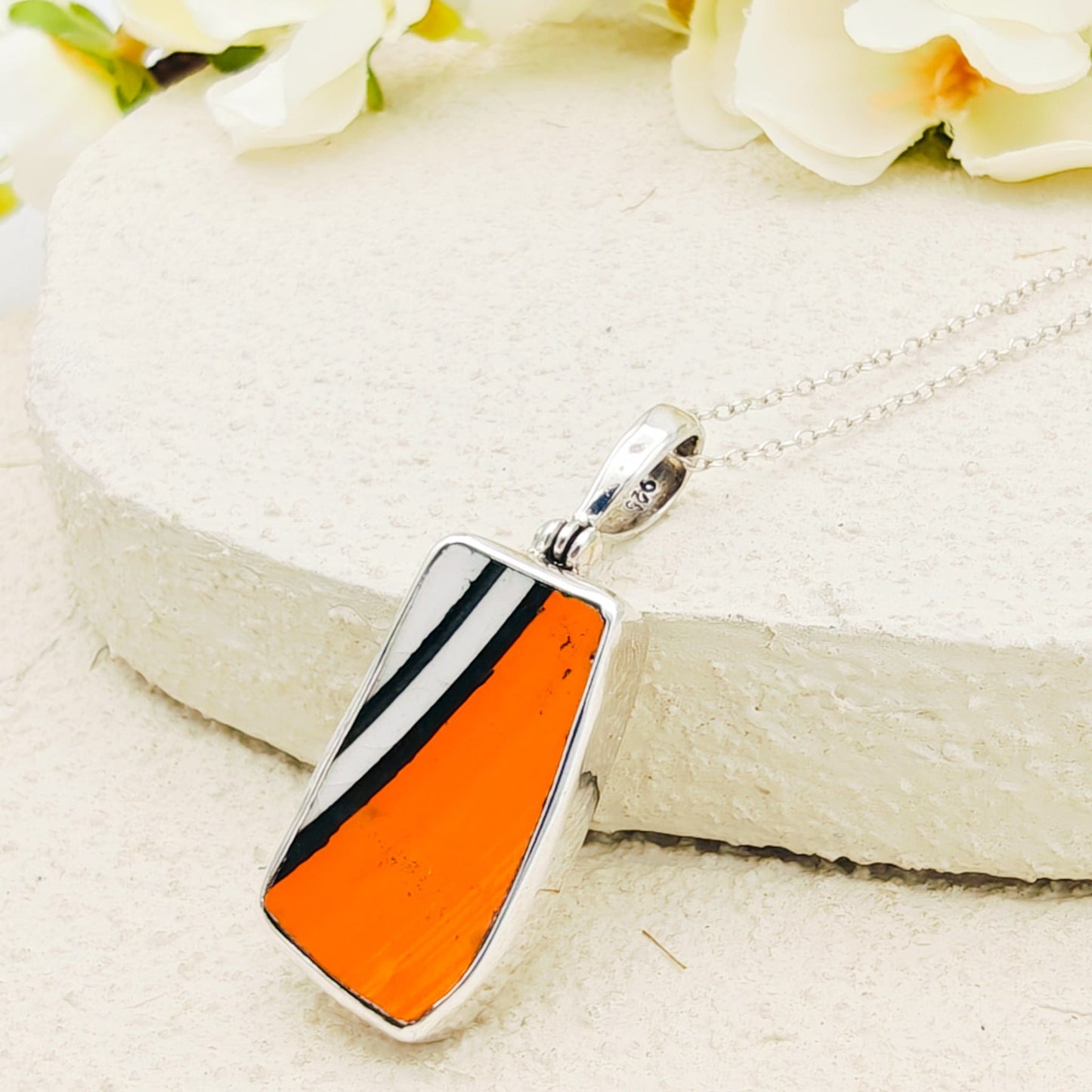 Clarice Cliff Art Deco Necklace | Bizarre Collection in Orange, Black and White | Upcycled Sterling Silver Heritage Jewellery