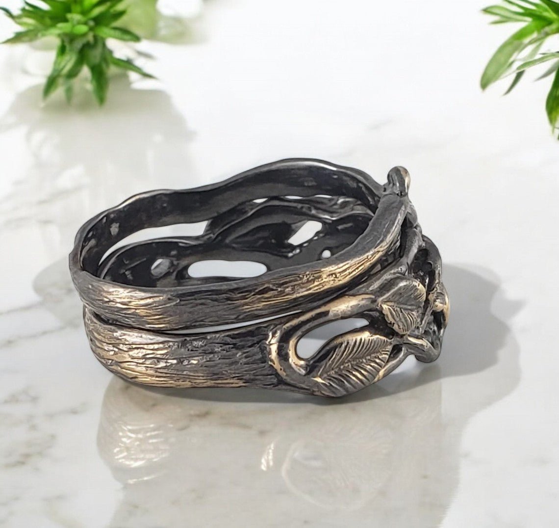 Black Rhodium Raw Diamond Leaf & Branch Wedding Set (2 Rings)