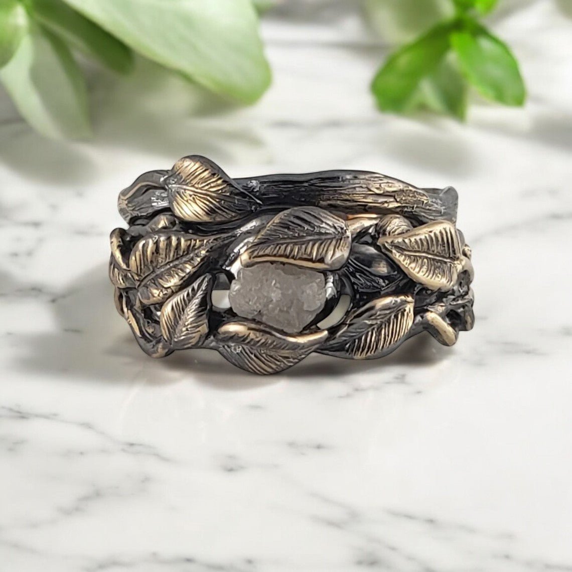 Black Rhodium Raw Diamond Leaf & Branch Wedding Set (2 Rings)