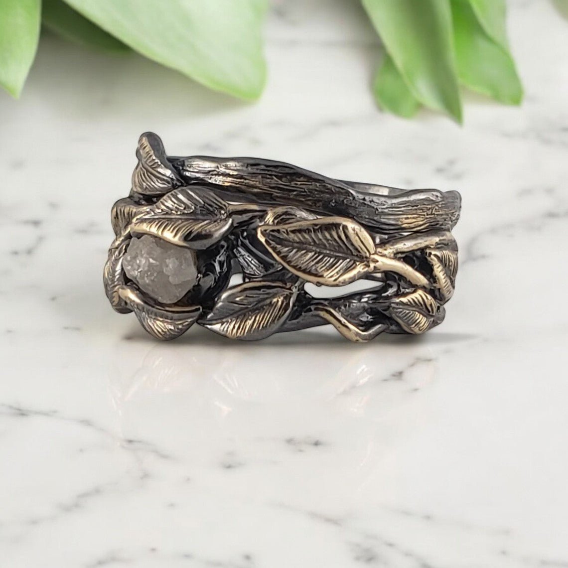 Black Rhodium Raw Diamond Leaf & Branch Wedding Set (2 Rings)