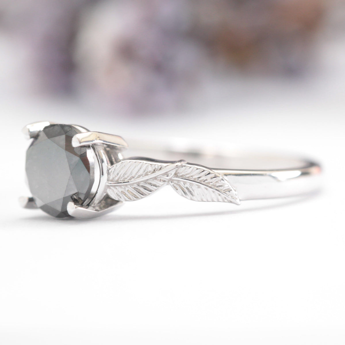 Black Diamond Leaf Engagement Ring