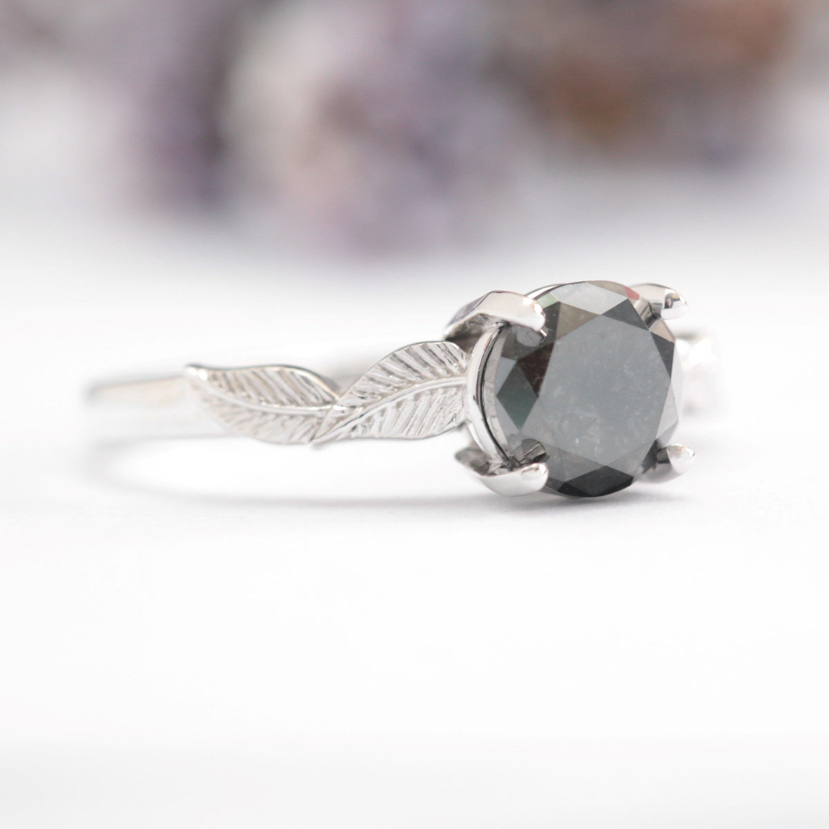 Black Diamond Leaf Engagement Ring