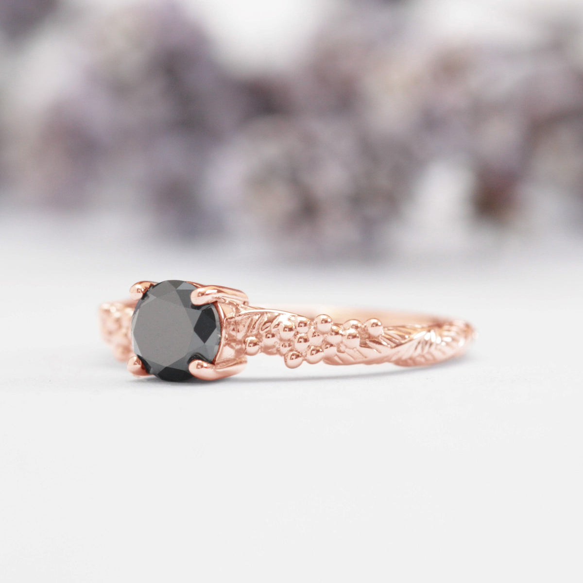 Black Diamond Wattle Leaf Engagement Ring