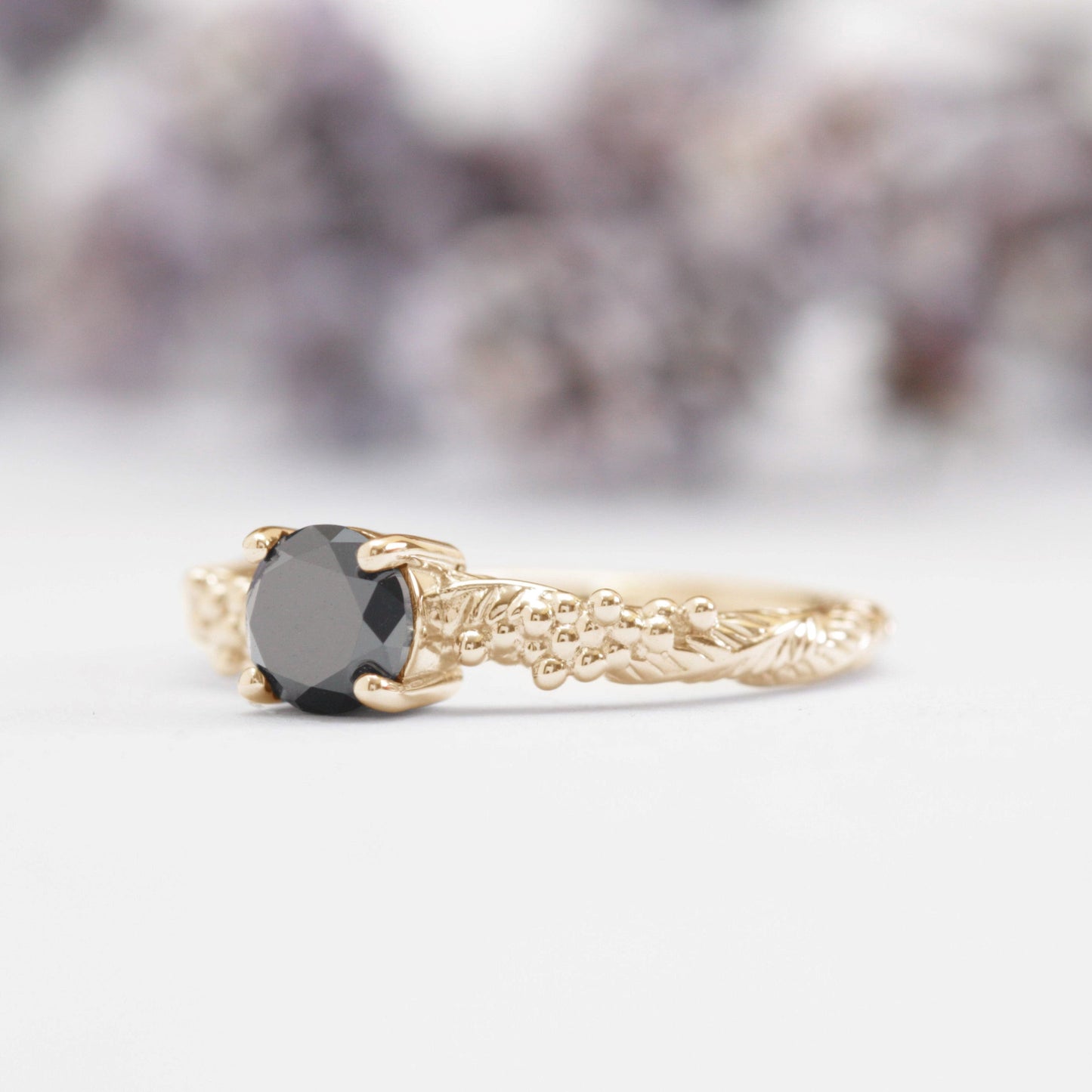 Black Diamond Wattle Leaf Engagement Ring