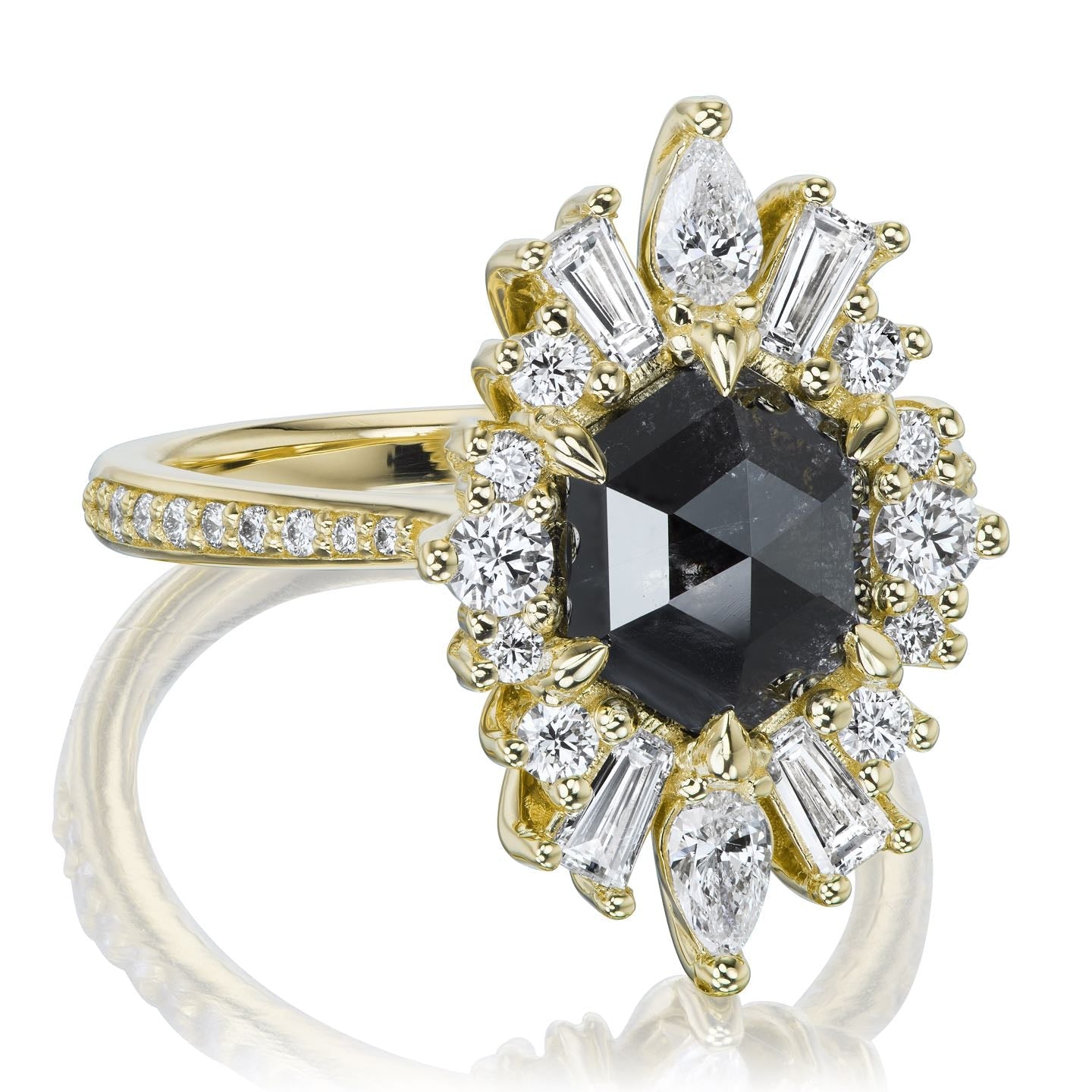 ・ASTERIA・Hexagon Rose Cut Black Diamond Center, Diamond Halo (2.47ctw)