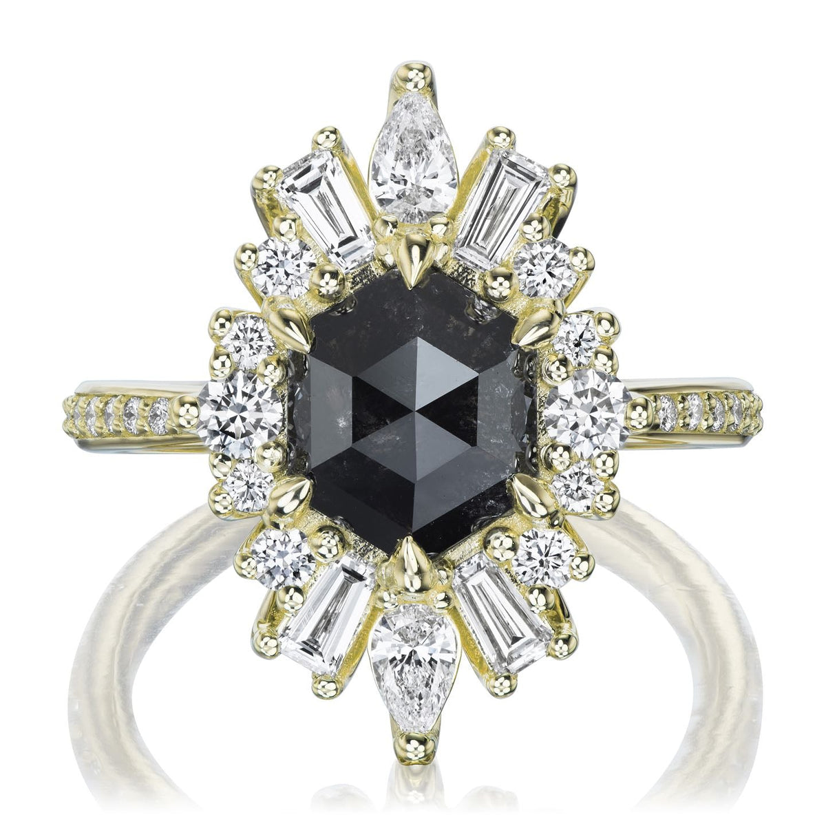 ・ASTERIA・Hexagon Rose Cut Black Diamond Center, Diamond Halo (2.47ctw)