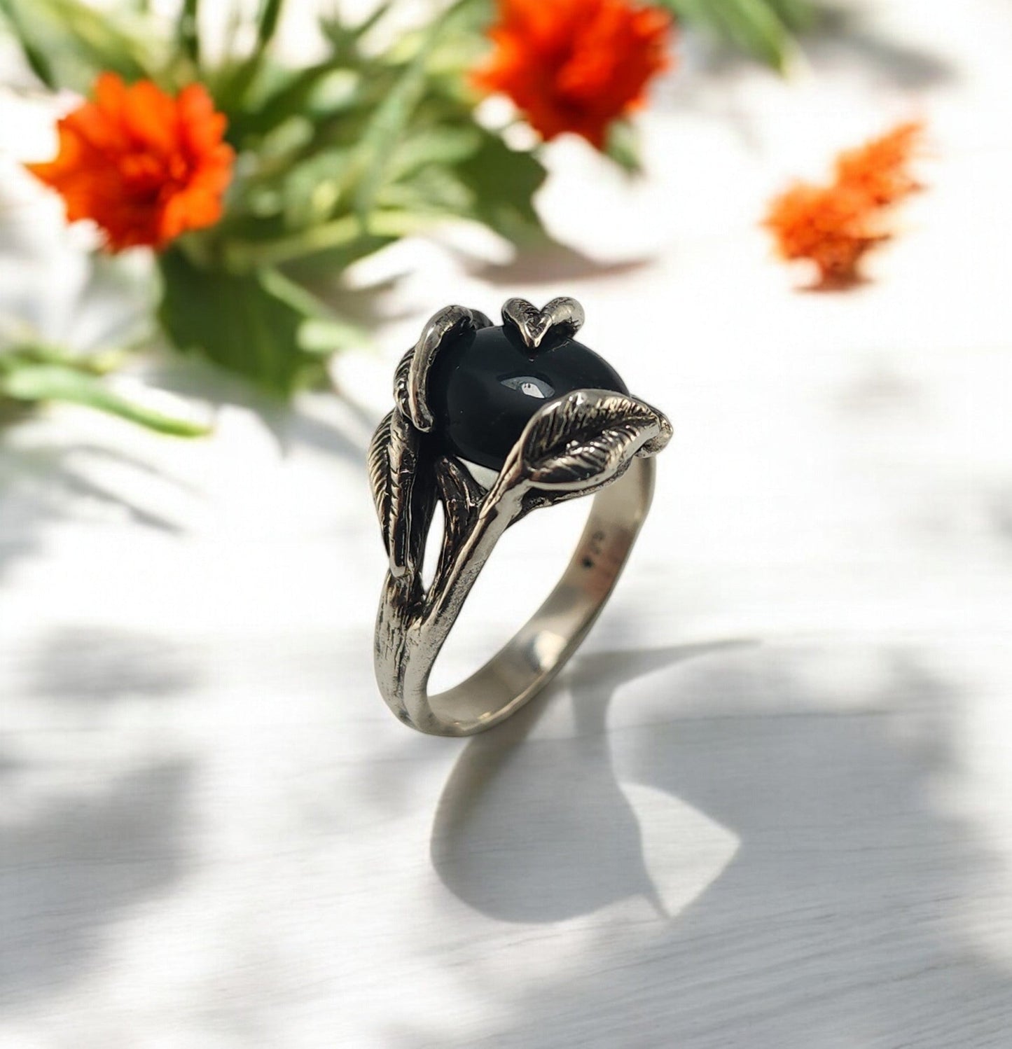 Bloodstone Leaf & Twig Ring in Silver