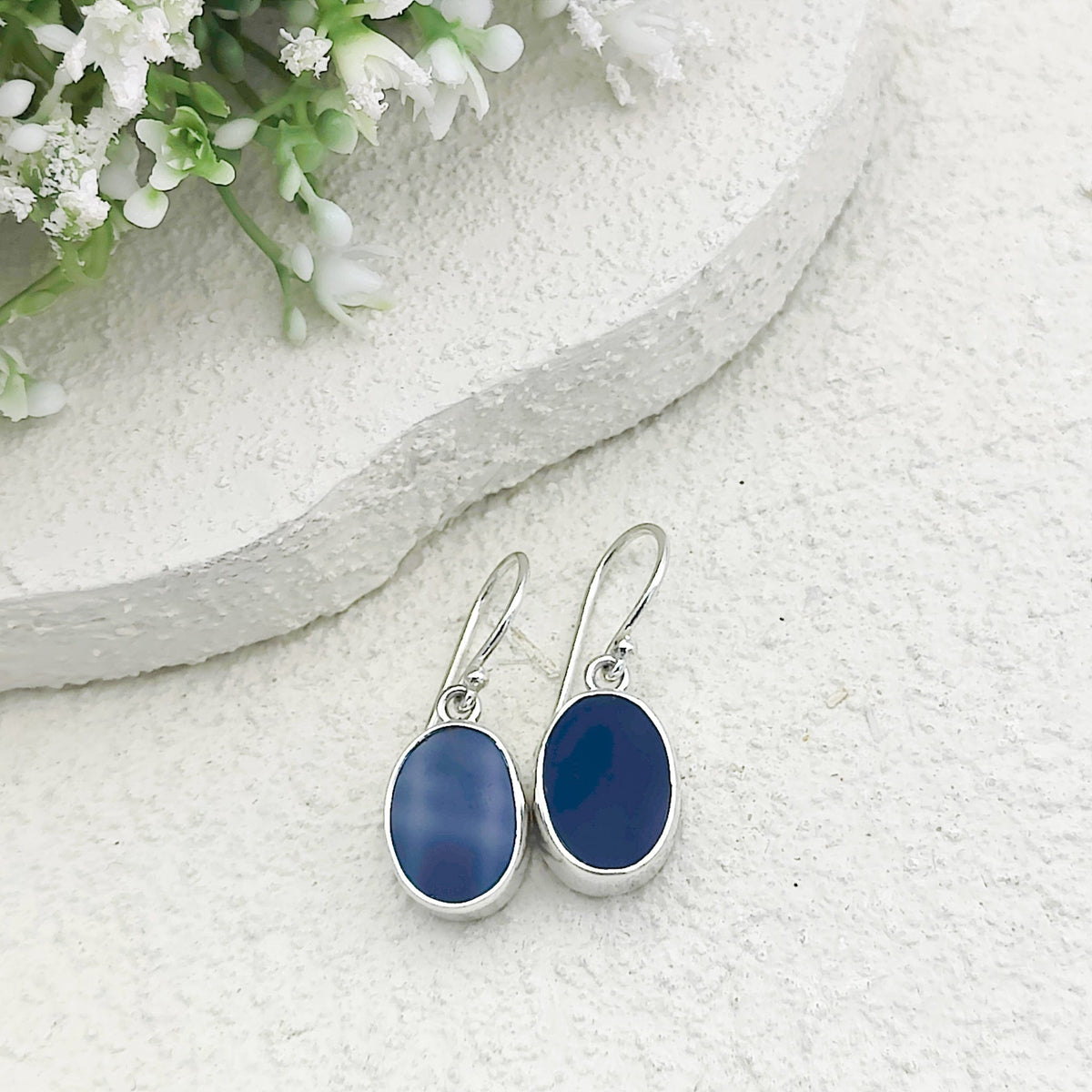 Blue Agate Earrings | 15mm Oval | Gemini Gemstone Gift | Sterling Silver