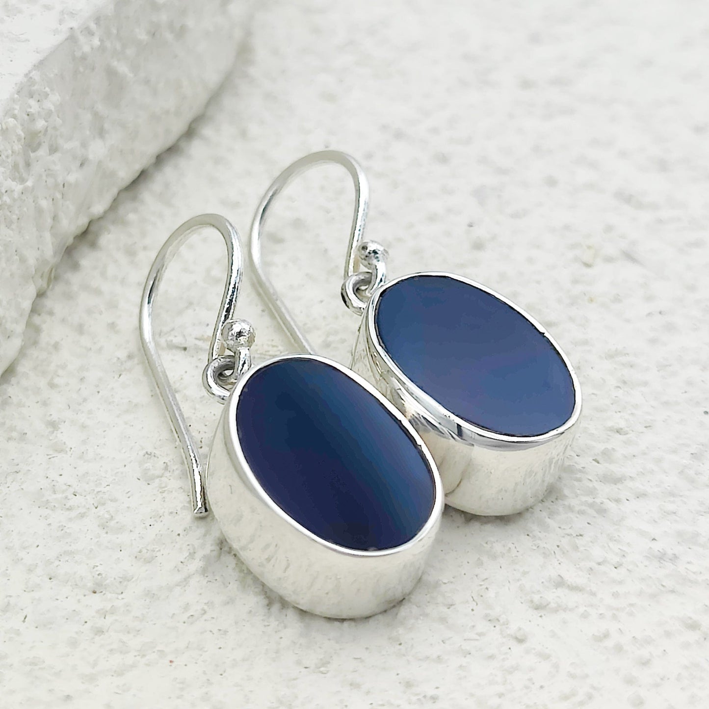 Blue Agate Earrings | 15mm Oval | Gemini Gemstone Gift | Sterling Silver