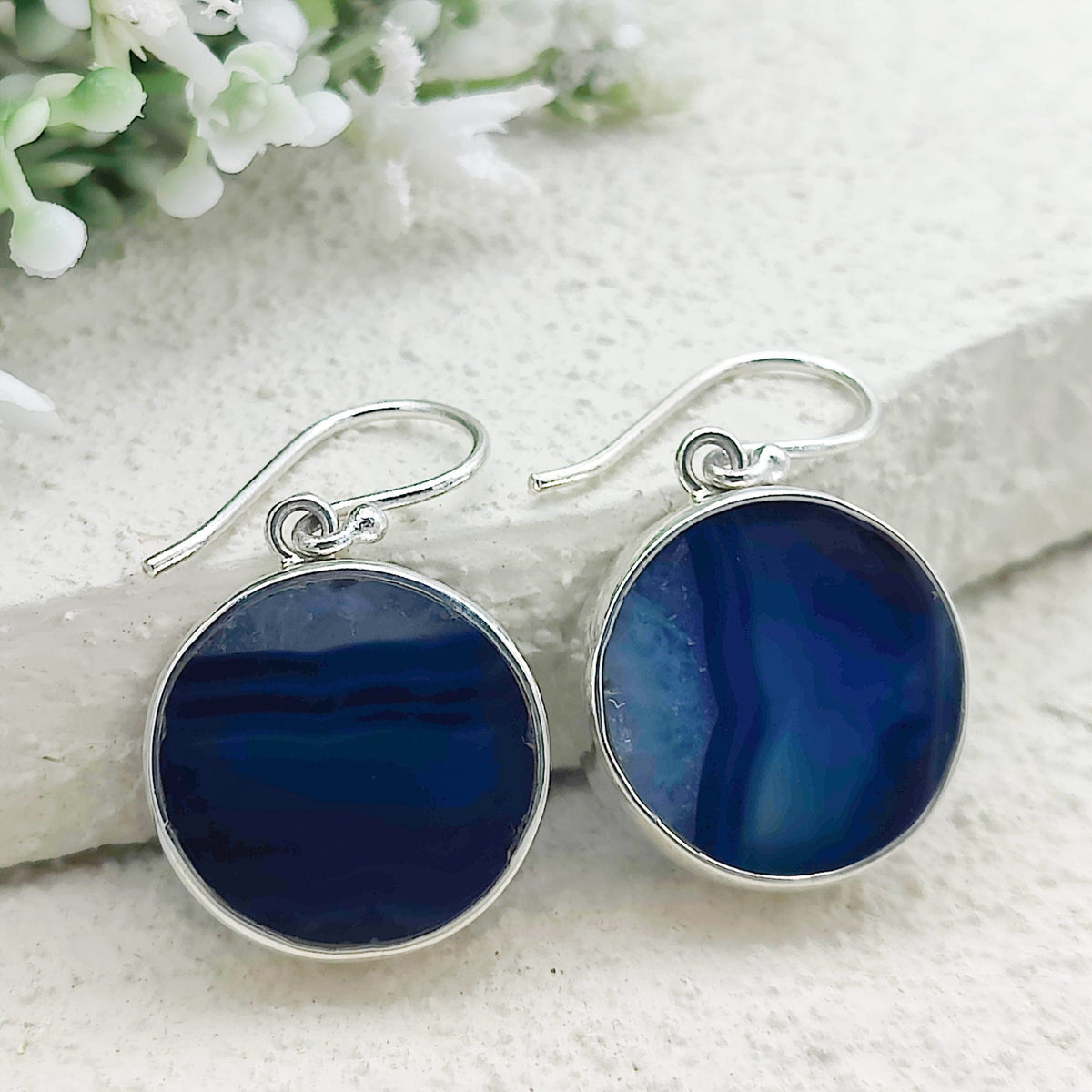 Blue Agate Earrings | Circular | Gemini Gemstone Gift | Sterling Silver