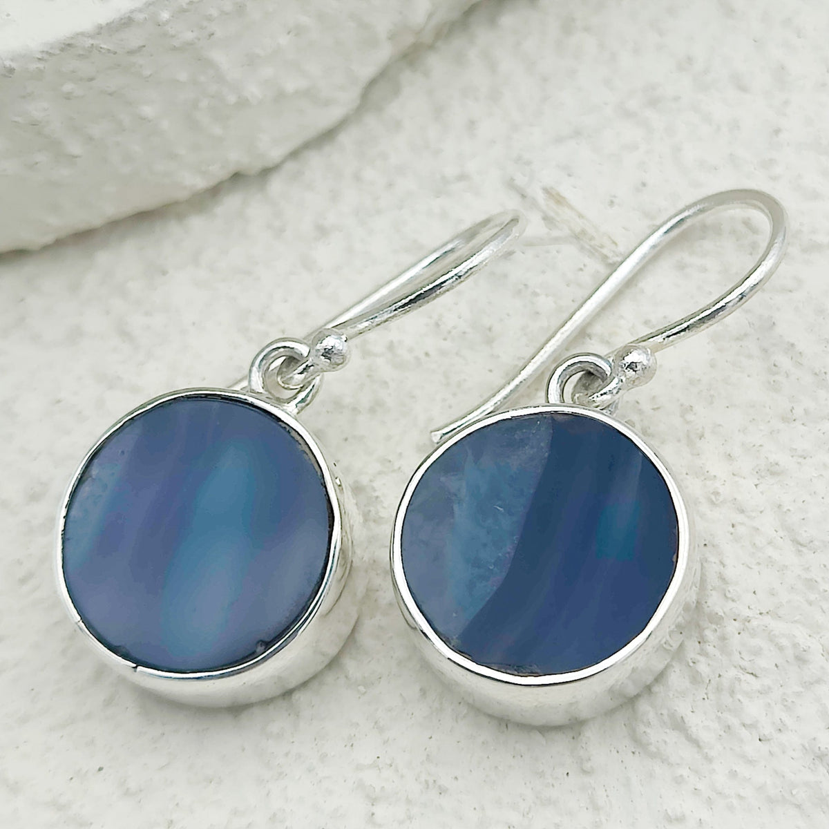 Blue Agate Earrings | Circular | Gemini Gemstone Gift | Sterling Silver