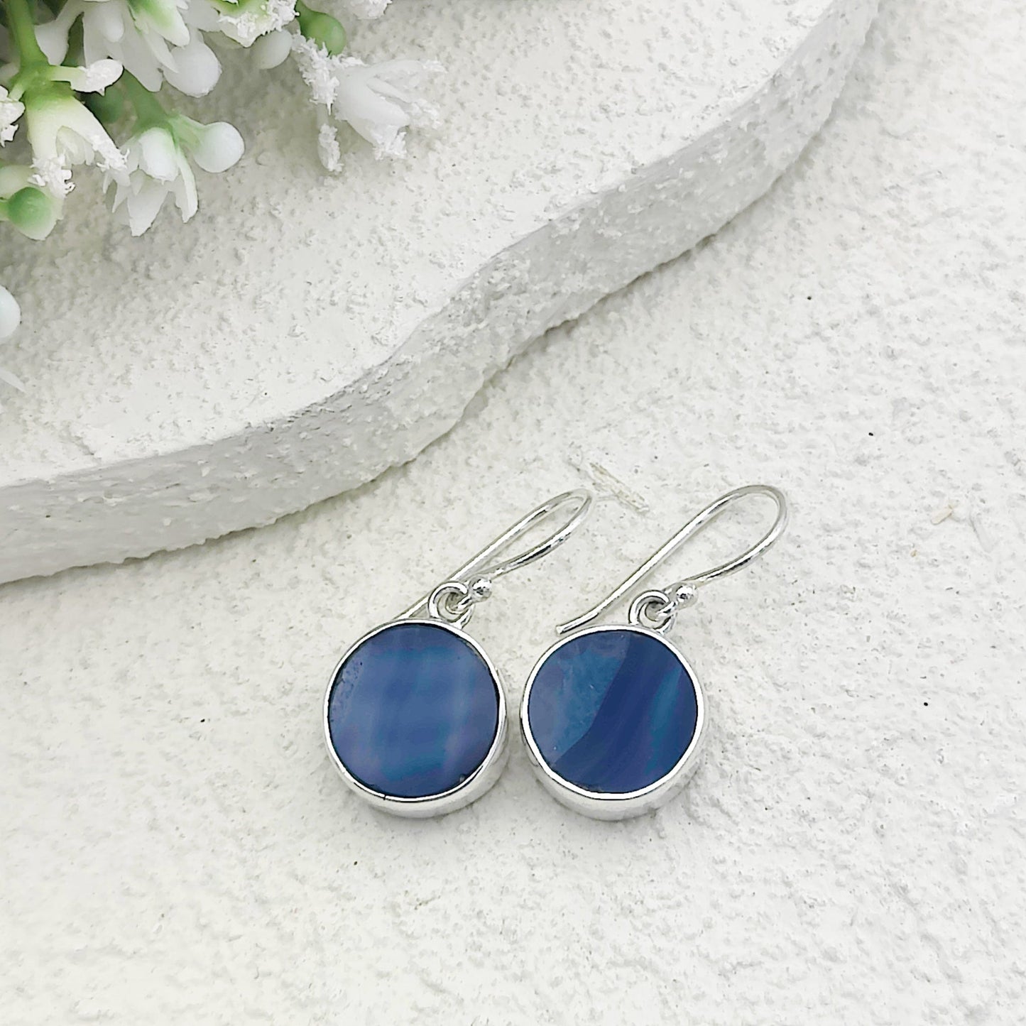 Blue Agate Earrings | Circular | Gemini Gemstone Gift | Sterling Silver