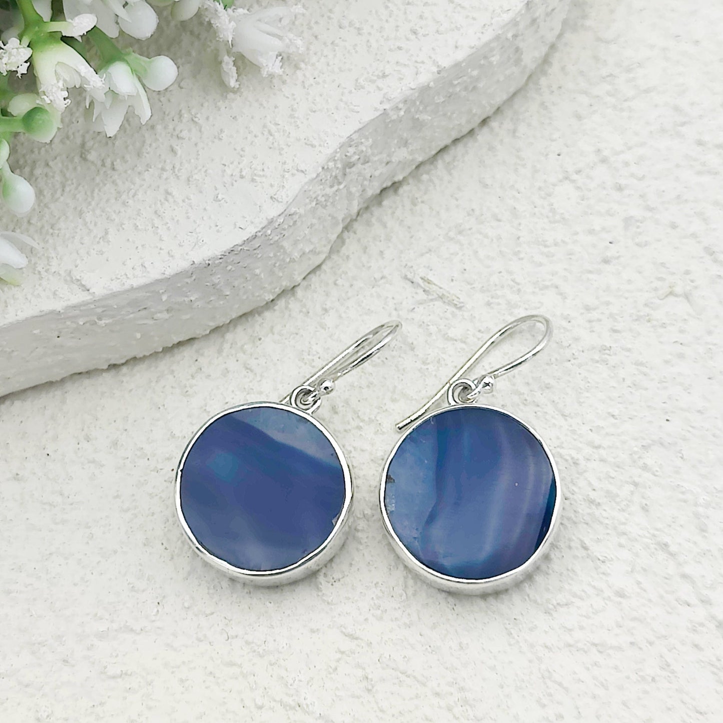 Blue Agate Earrings | Circular | Gemini Gemstone Gift | Sterling Silver