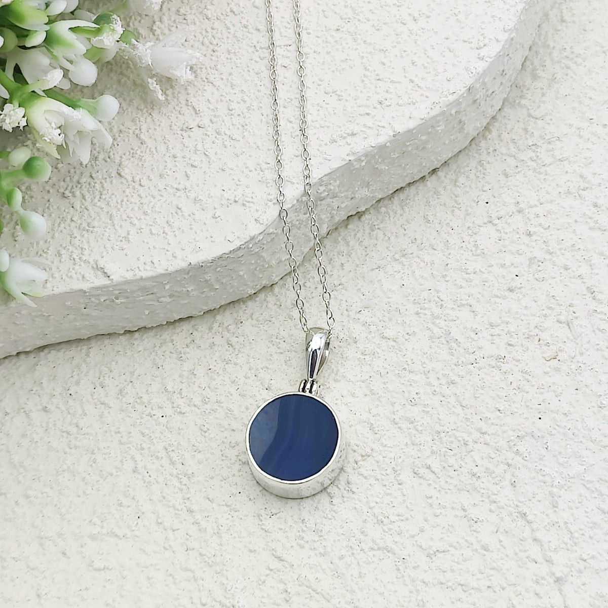 Blue Agate Pendant | 14mm Circle | Gemini Gemstone | Sterling Silver