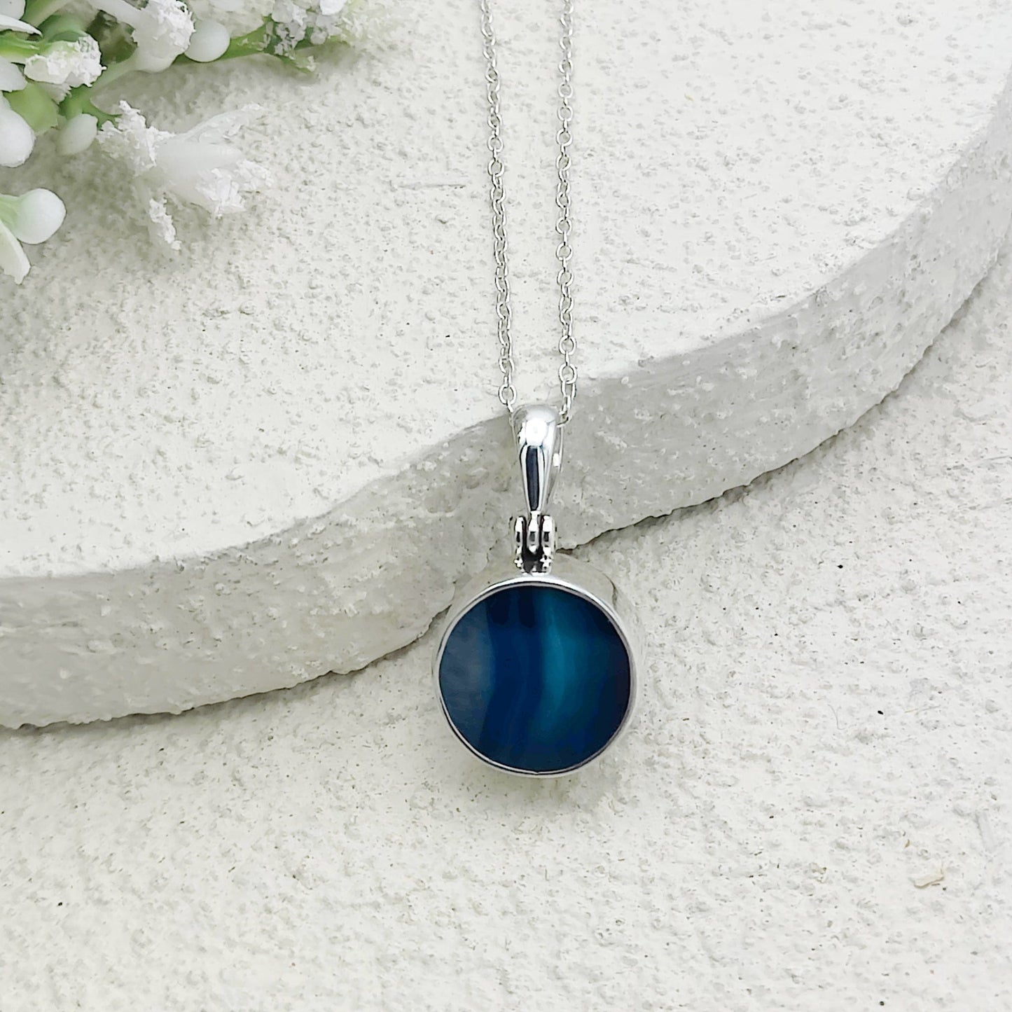 Blue Agate Pendant | 14mm Circle | Gemini Gemstone | Sterling Silver