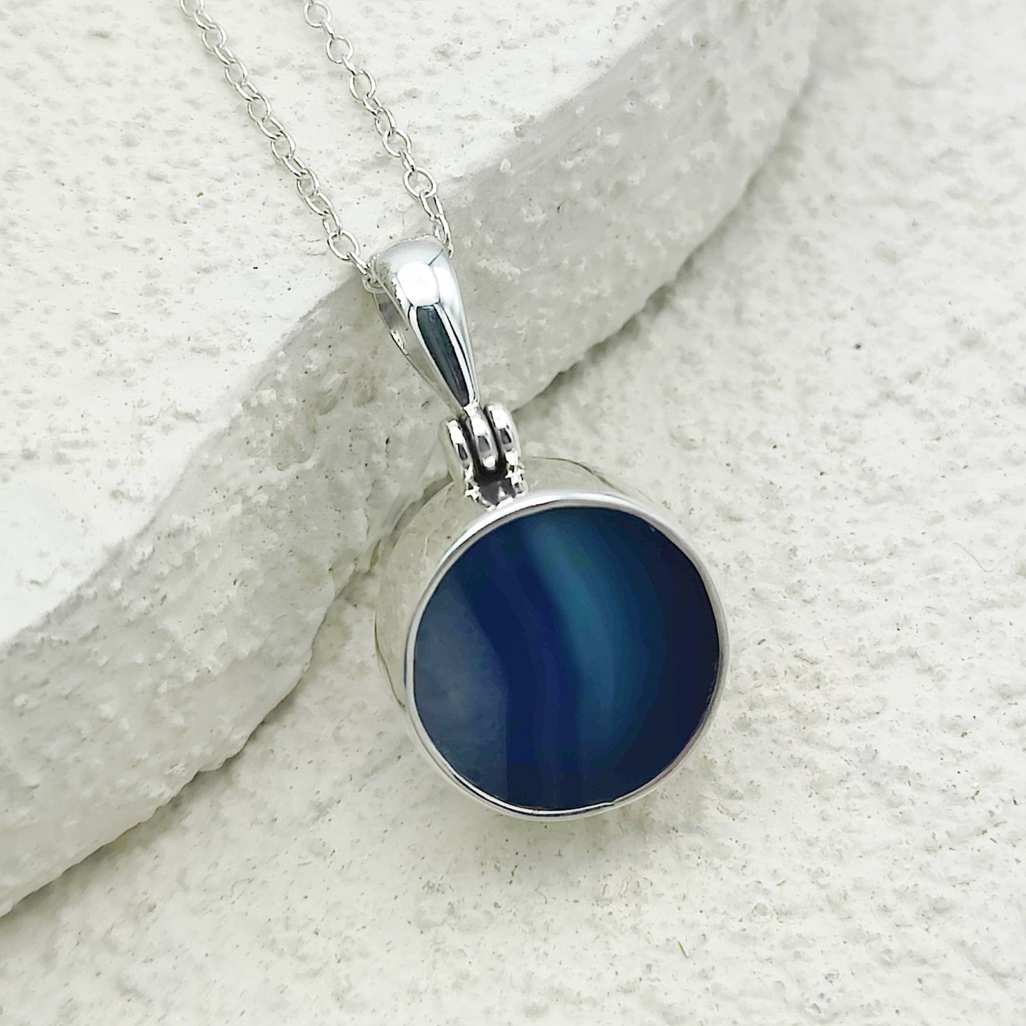 Blue Agate Pendant | 14mm Circle | Gemini Gemstone | Sterling Silver