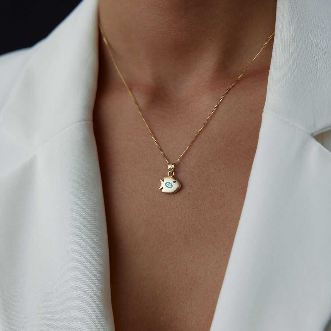 14k Gold Fish Necklace with Blue Enamel