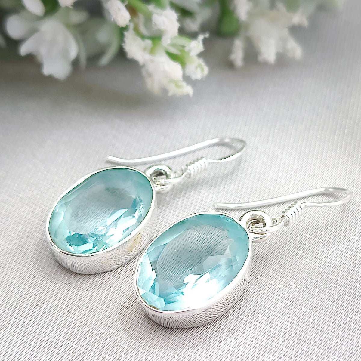 Blue Topaz Earrings | 15mm Oval | November Birthstone  | Sterling Silver