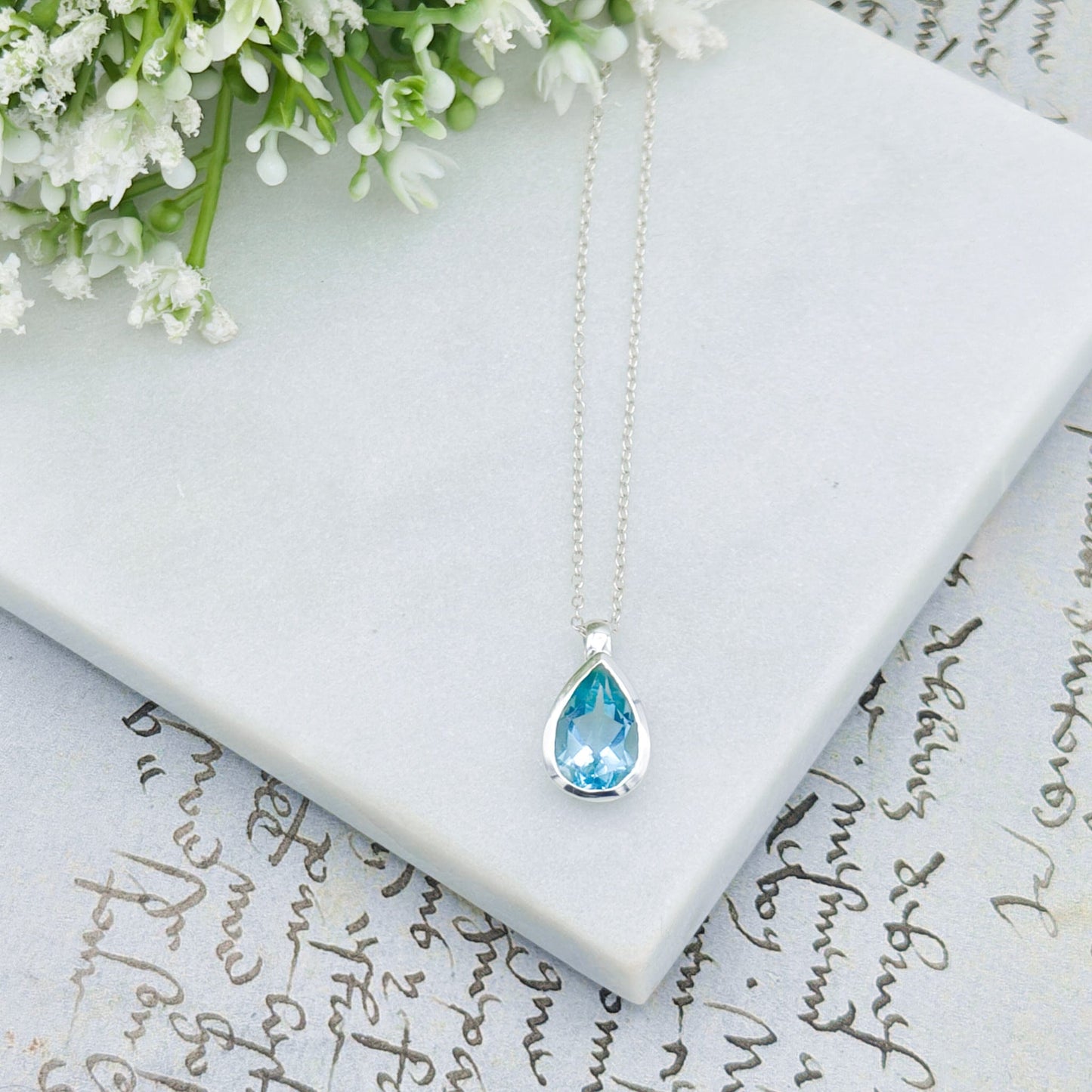 Blue Topaz Pendant | 15mm Teardrop | November Birthstone  | Sterling Silver