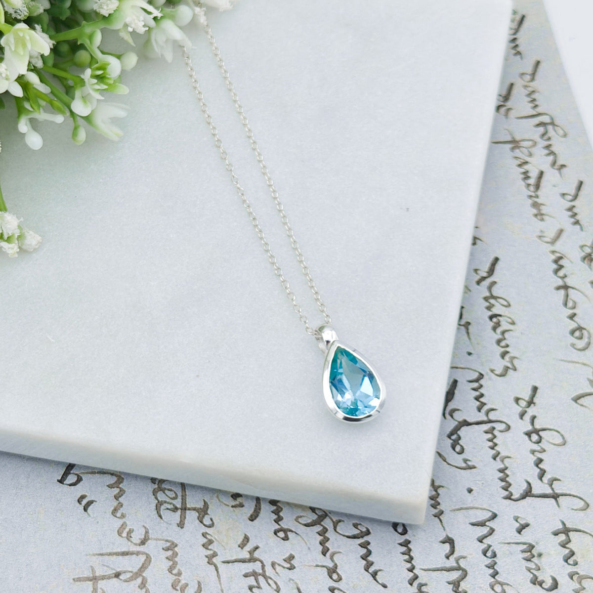 Blue Topaz Pendant | 15mm Teardrop | November Birthstone  | Sterling Silver