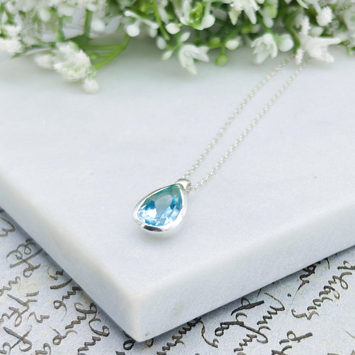 Blue Topaz Pendant | 15mm Teardrop | November Birthstone  | Sterling Silver