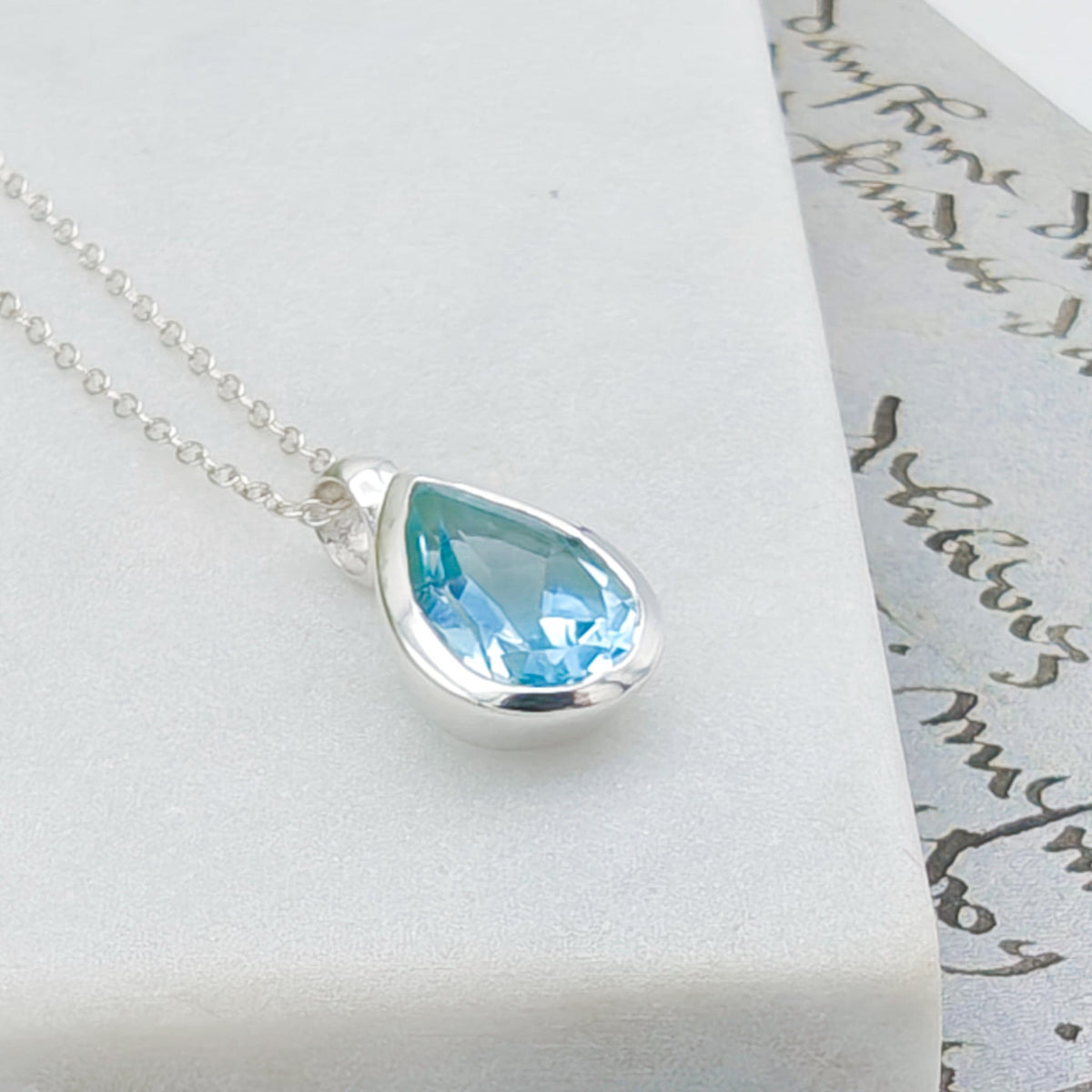 Blue Topaz Pendant | 15mm Teardrop | November Birthstone  | Sterling Silver