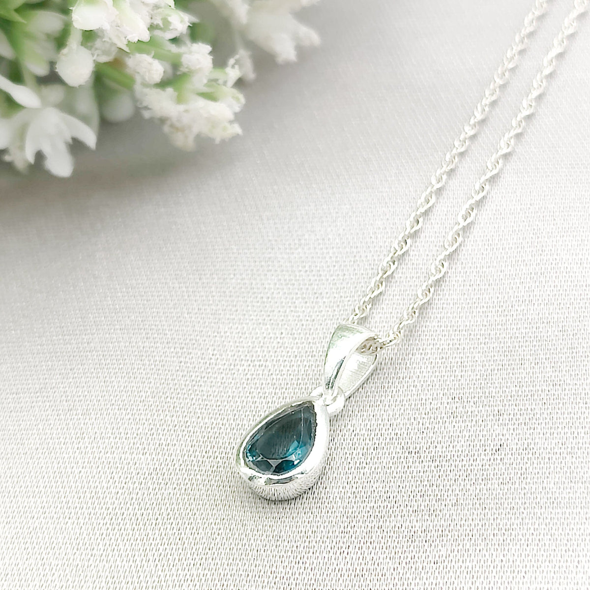 Blue Topaz Pendant | Faceted Teardrop Stone | November Birthstone  | Sterling Silver